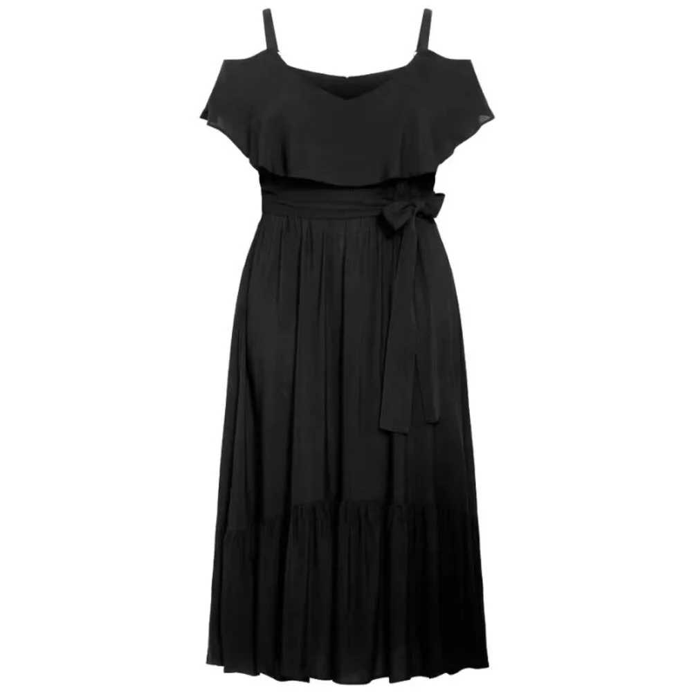 NWT Avenue Black Cold Shoulder Overlay Tie Waist Midi Dress 20